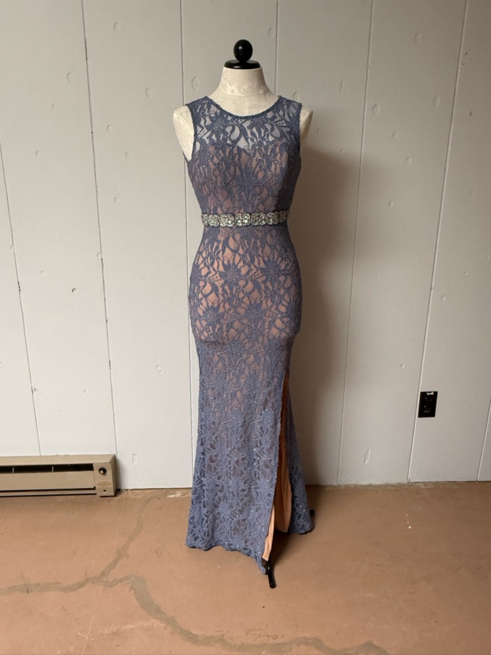 City Studio Dusty Blue Lace Prom Gown with Jeweled Waist